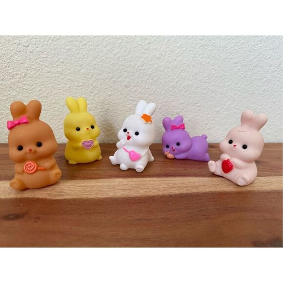 Miniature rubber baby bunny rabbits pudgy fat cute toys set of 5 strawberry toy - Picture 1 of 3